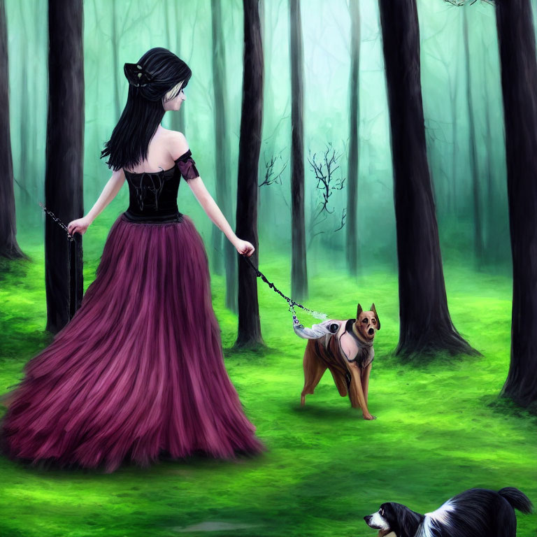 Woman in burgundy dress walks dogs in misty forest.