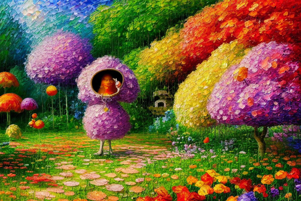 Colorful Impressionist Painting of Person in Floral Costume in Rainy Garden