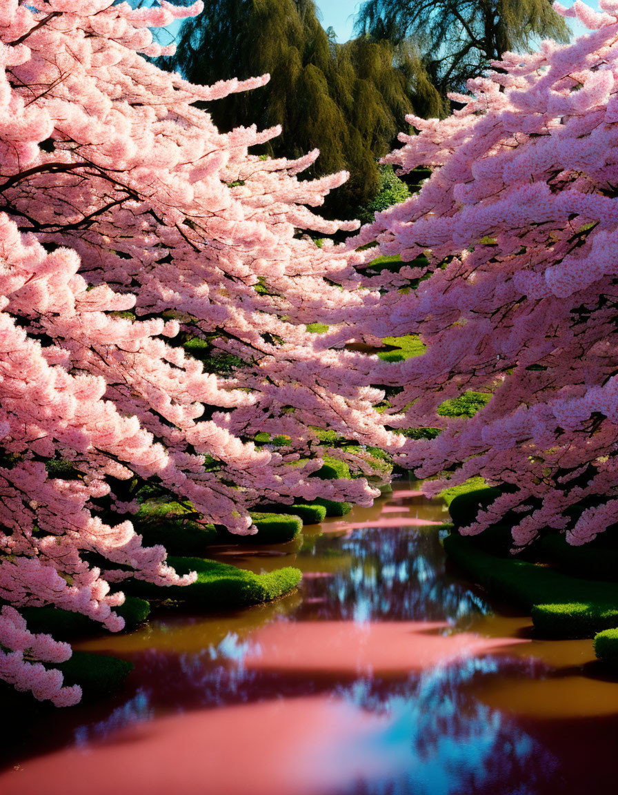 Pink Cherry Blossoms Reflecting in Tranquil Water Stream