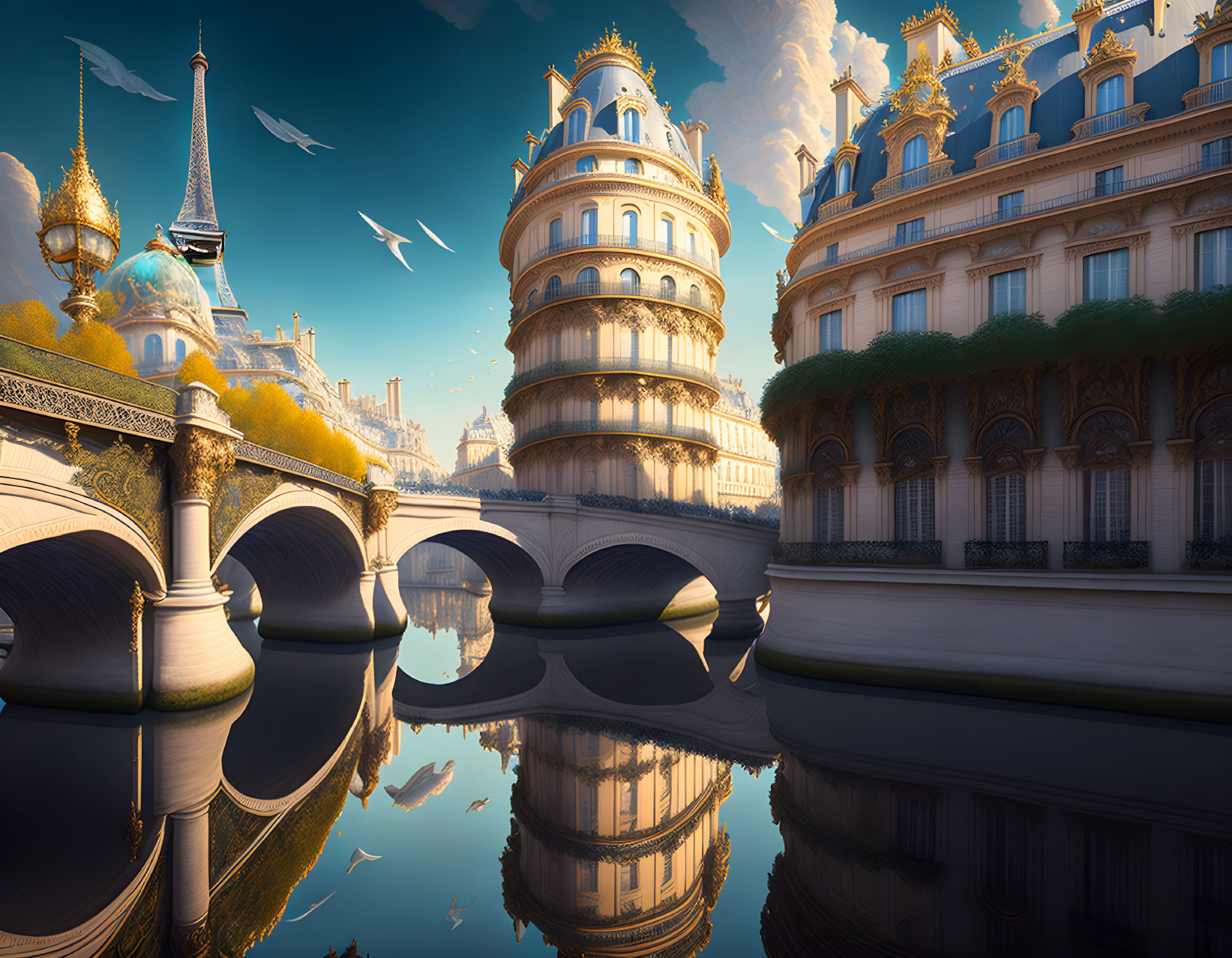 Fantastical cityscape with ornate buildings, bridge, birds, and surreal sky