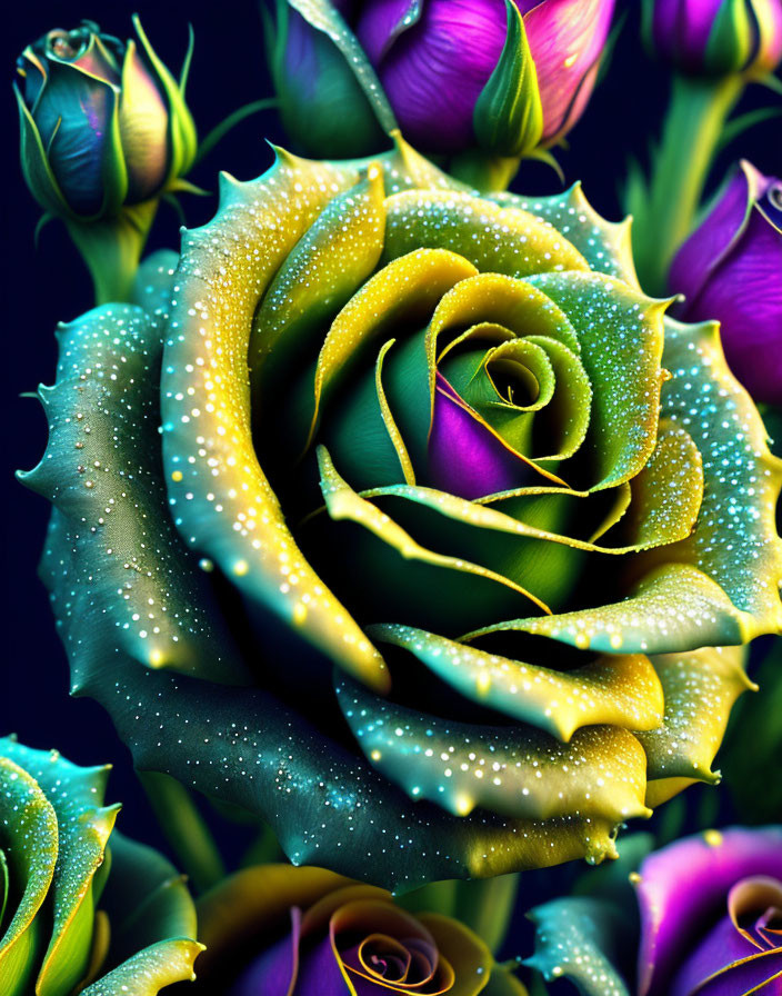 Yellow Rose with Dew Drops Surrounded by Purple Buds on Dark Background