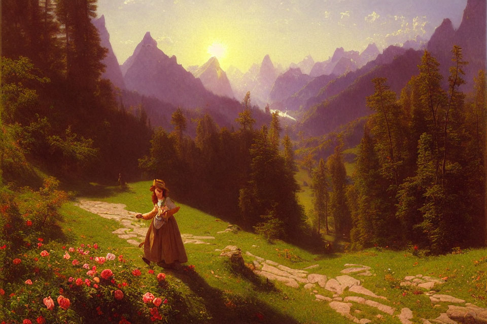 Girl in Dress Picking Flowers in Forest Path at Sunset