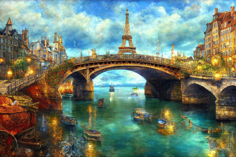 Parisian Scene with Seine River Bridge, Street Lamps, Boats, and Eiffel