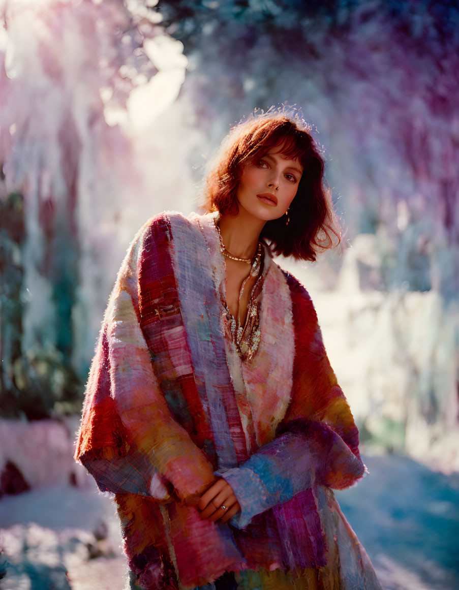 Short-haired person in colorful shawl surrounded by icy branches and soft light.