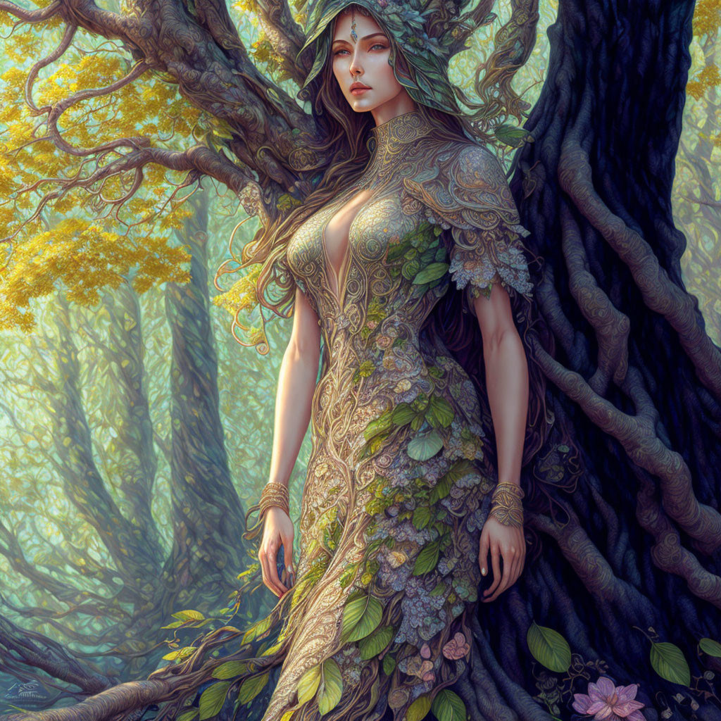 Woman in nature-themed attire blending into forest background