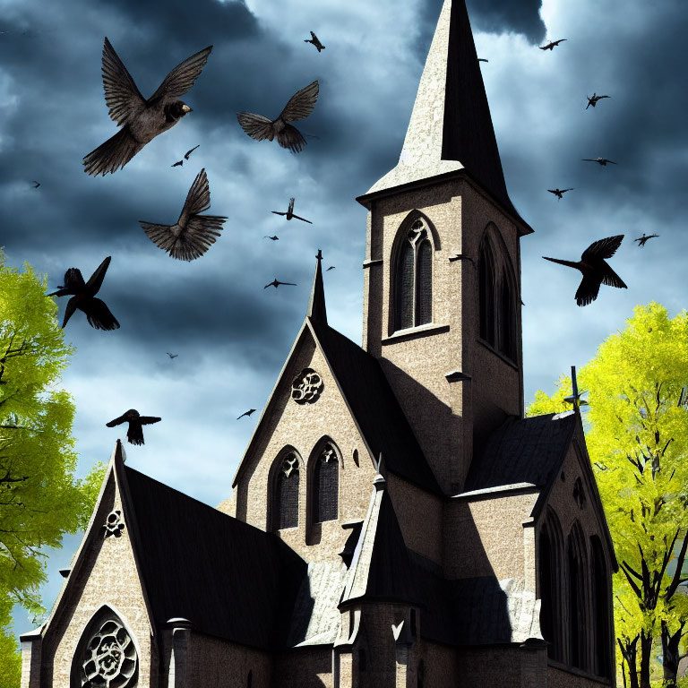 Gothic Church Steeples Under Stormy Sky with Flying Birds and Yellow-Tinged Trees