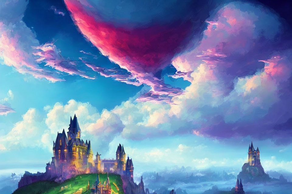 Digital painting of majestic castle on hill under vibrant sky