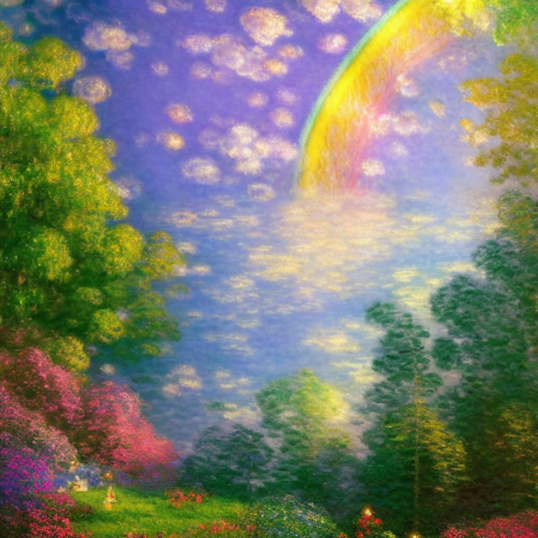 Pastel-colored painting: Rainbow over blooming trees and flowers