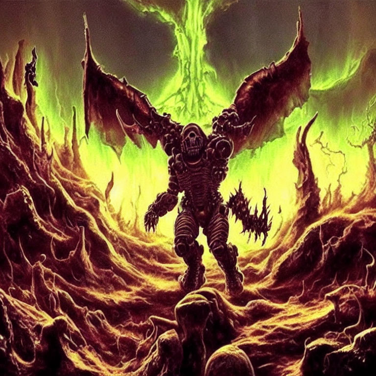 Armored winged figure in fiery hellscape with eerie green light