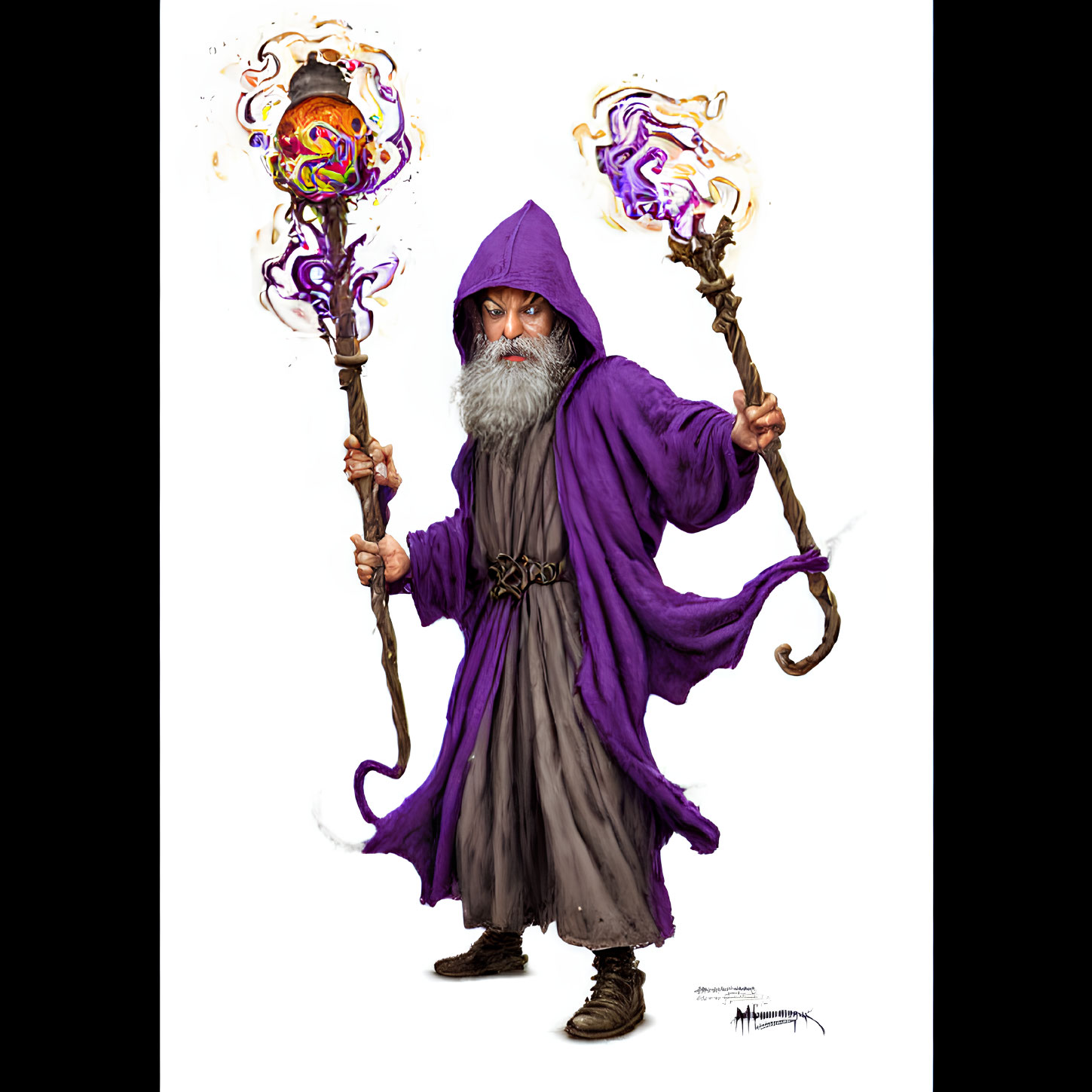 Elderly wizard in purple robe with magical staves