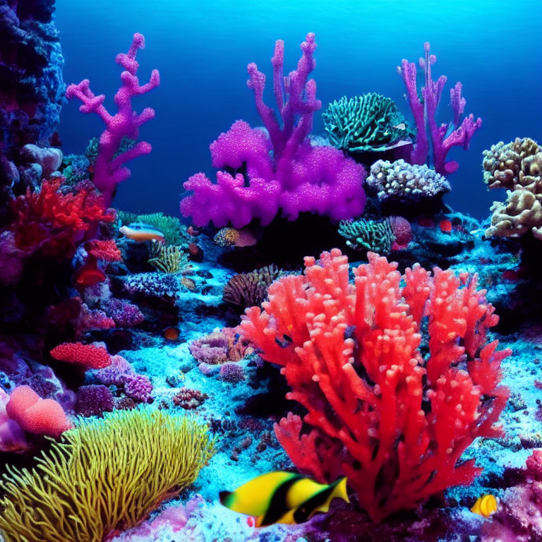 Colorful Underwater Scene with Pink and Purple Corals and Yellow Fish