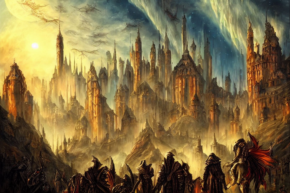 Fantastical landscape with army on horseback and towering spires.