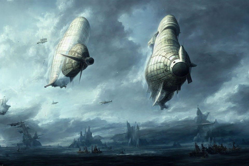 Futuristic airships above stormy ocean with rock formations