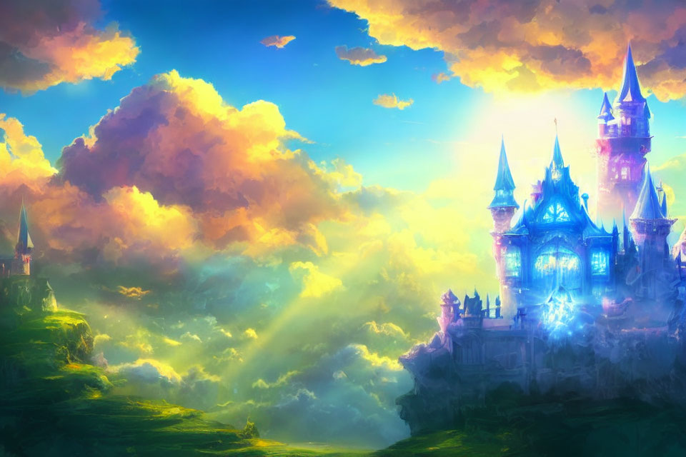 Fantasy castle on lush hill under vibrant sky