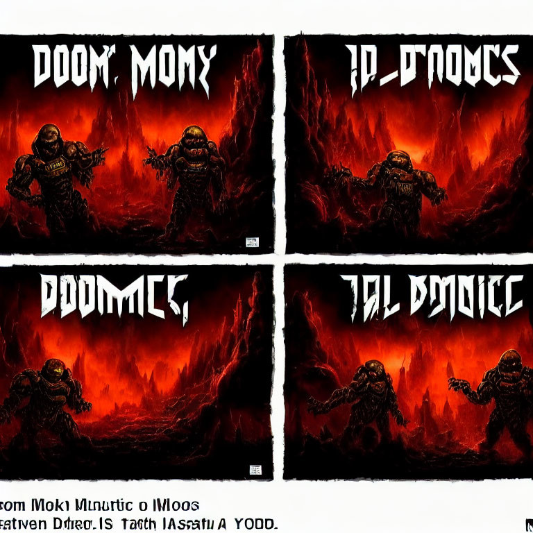 Four-panel artwork of a character resembling Doom's protagonist in fiery backdrop with mirrored "DOOM" text