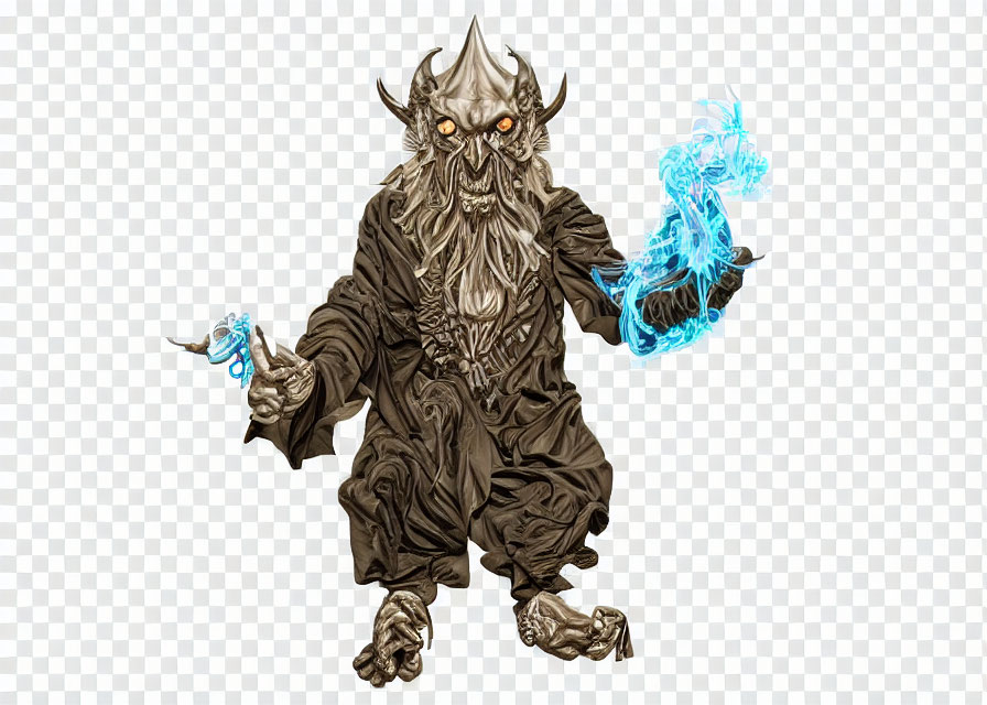 Fantasy character with ornate mask and blue flame object in dark robes