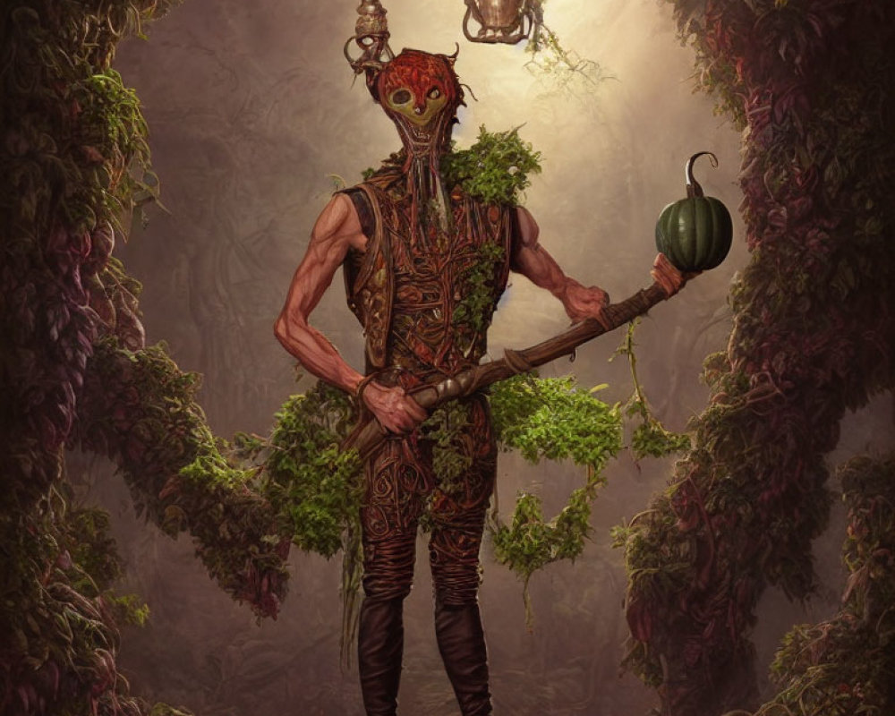 Plant-like creature in lush setting with staff, lantern, and teapot.