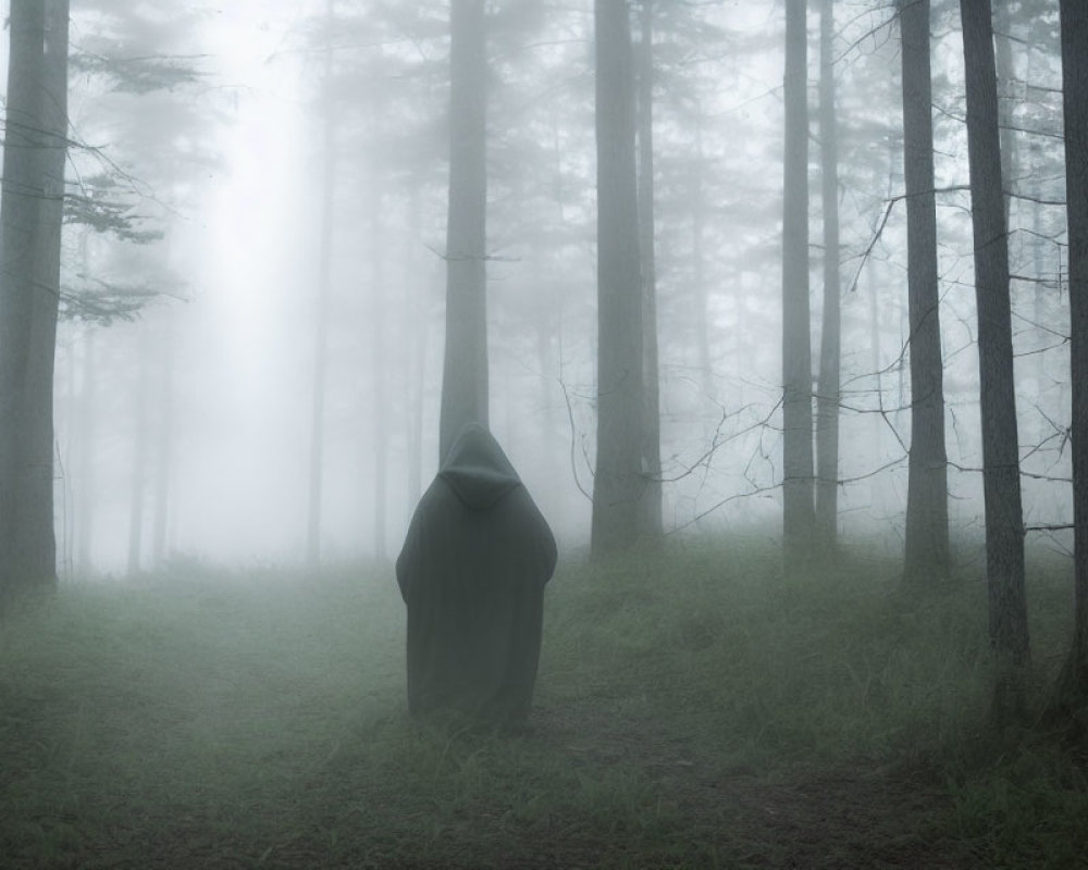 Mysterious cloaked figure in misty forest path