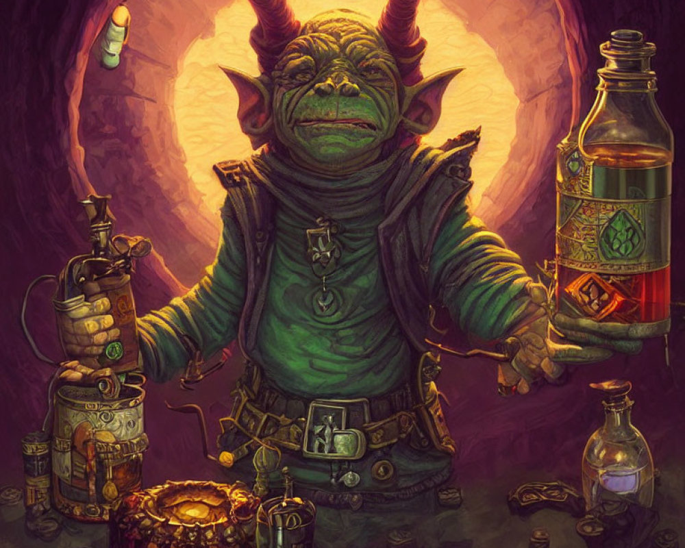 Green goblin with potion bottle, candles, vials, and teapot in mystical scene