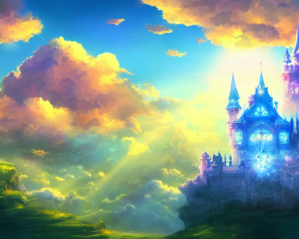 Fantasy castle on lush hill under vibrant sky