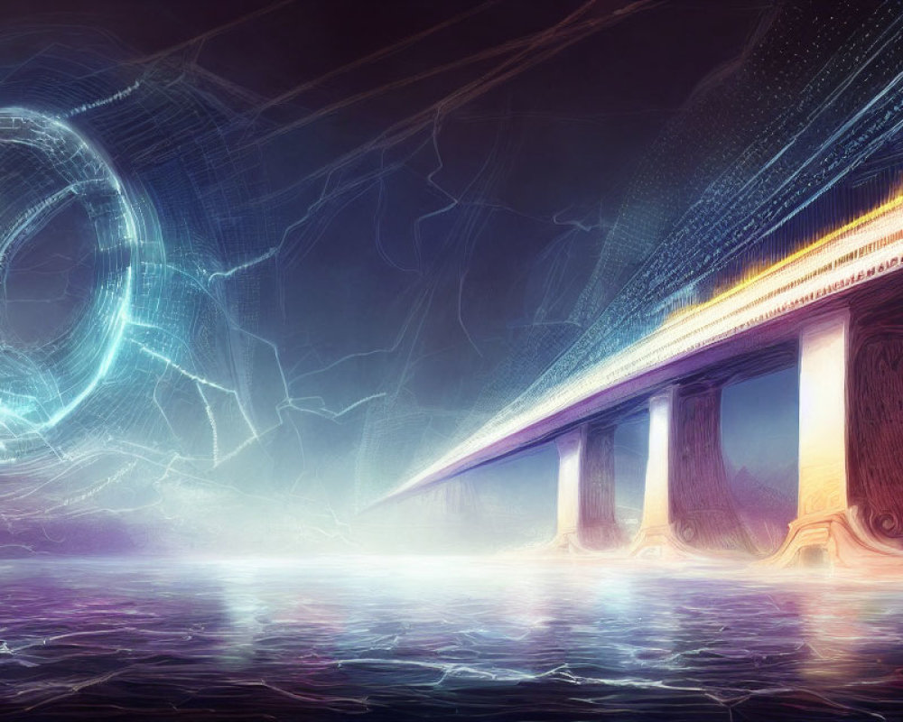 Futuristic glowing edge bridge over reflective water and digital vortex