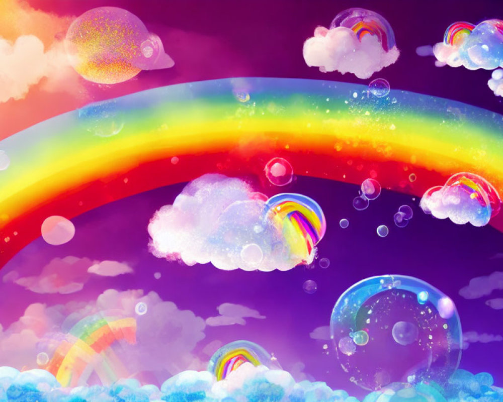 Colorful surreal landscape with rainbow, clouds, and bubbles