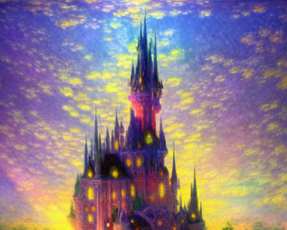 Fantastical castle painting with vibrant, colorful sky