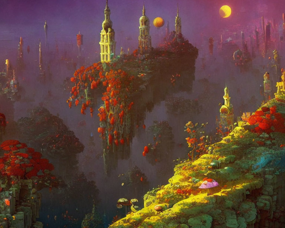 Ornate floating cityscape at twilight with lush vegetation and large moon