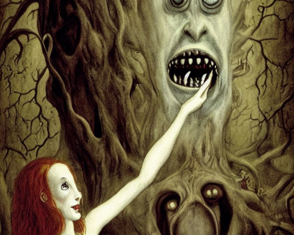 Surreal artwork: Red-haired woman with monstrous tree