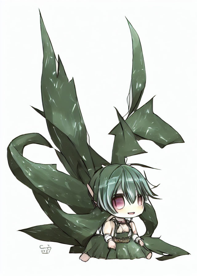 Chibi character with dragon wings, green hair, tunic, and shy pose