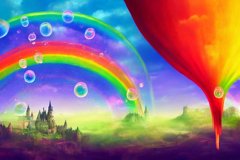 Colorful rainbow, red tornado, floating bubbles, castle in vibrant landscape