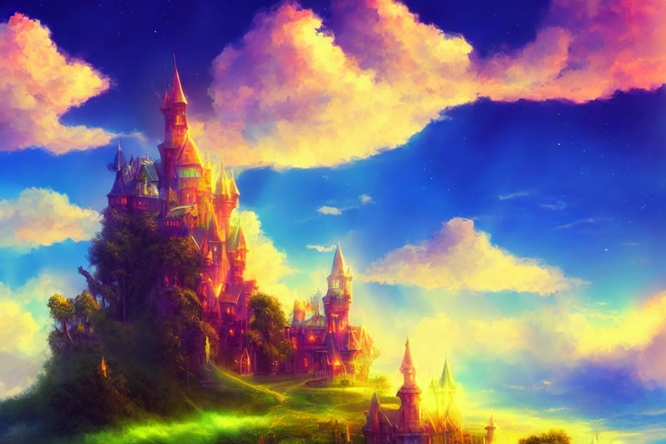 Majestic castle atop hill in vibrant fantasy painting