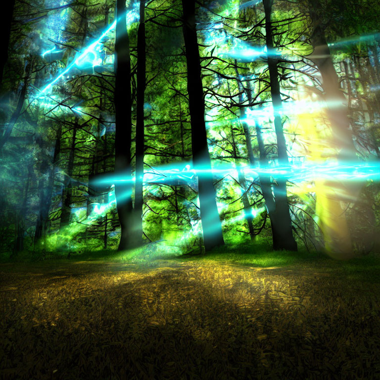 Mystical forest with neon blue and green lights among dense trees