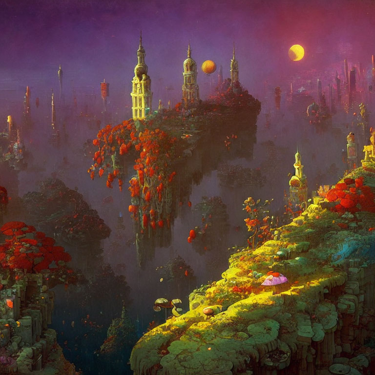 Ornate floating cityscape at twilight with lush vegetation and large moon