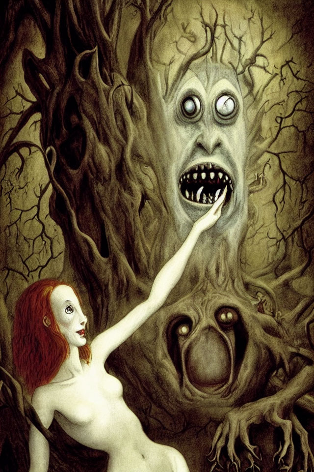 Surreal artwork: Red-haired woman with monstrous tree