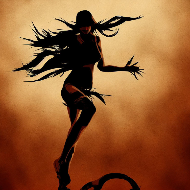 Mysterious silhouette with flowing hair against sepia background