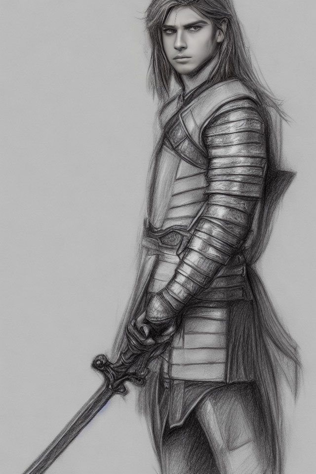 Detailed pencil sketch of long-haired knight in armor holding sword