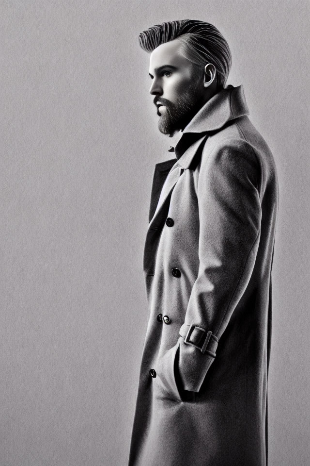 Monochrome profile portrait of bearded man in stylish coat and watch