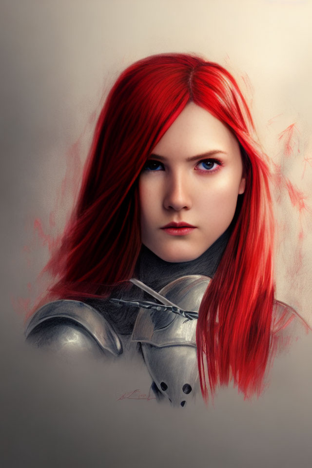 Vibrant red-haired woman in silver shoulder armor with intense gaze