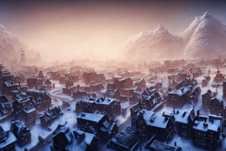 Snowy village nestled between mountains at twilight with warm light from houses under dusky sky