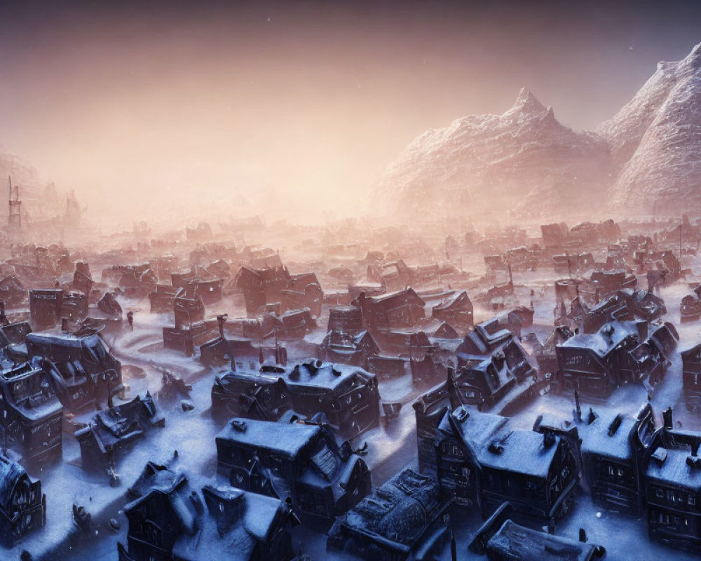 Snowy village nestled between mountains at twilight with warm light from houses under dusky sky