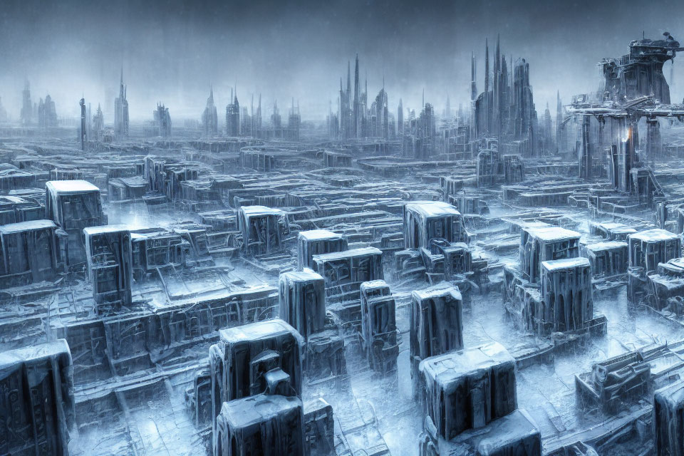 Snow-covered cityscape with towering spires and blocky structures in a cold, blue-tinted