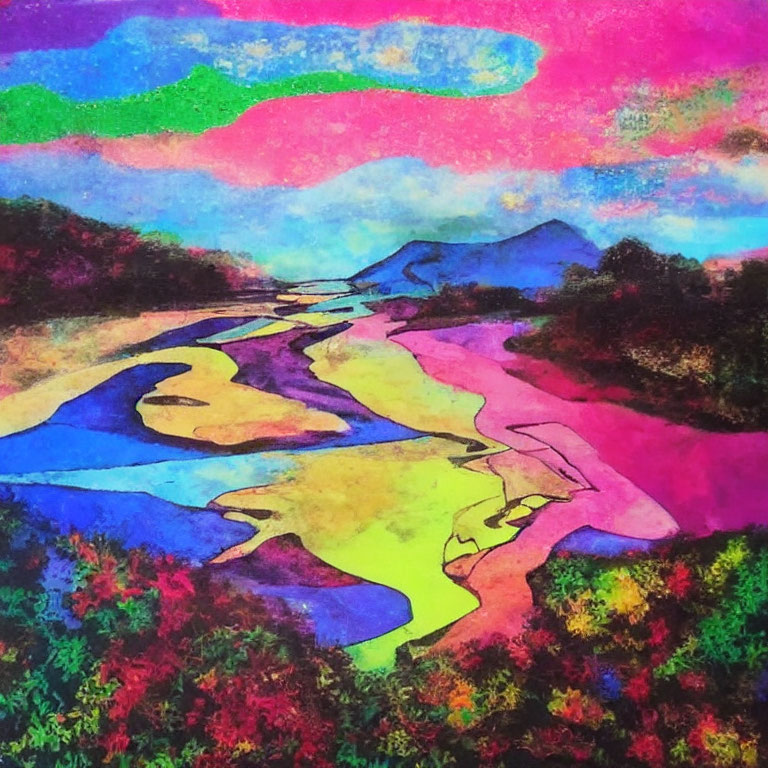 Colorful surreal landscape with flowing river and lush vegetation