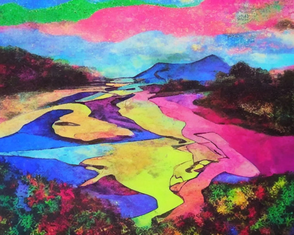 Colorful surreal landscape with flowing river and lush vegetation