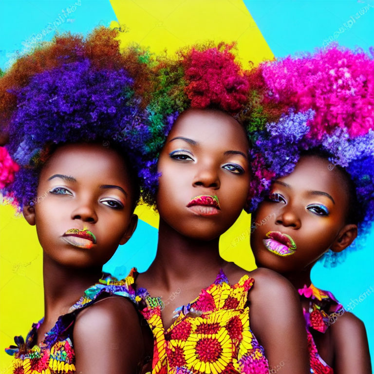 Colorful Afro Hairstyles and Bold Lipstick on Three Women Against Blue Background