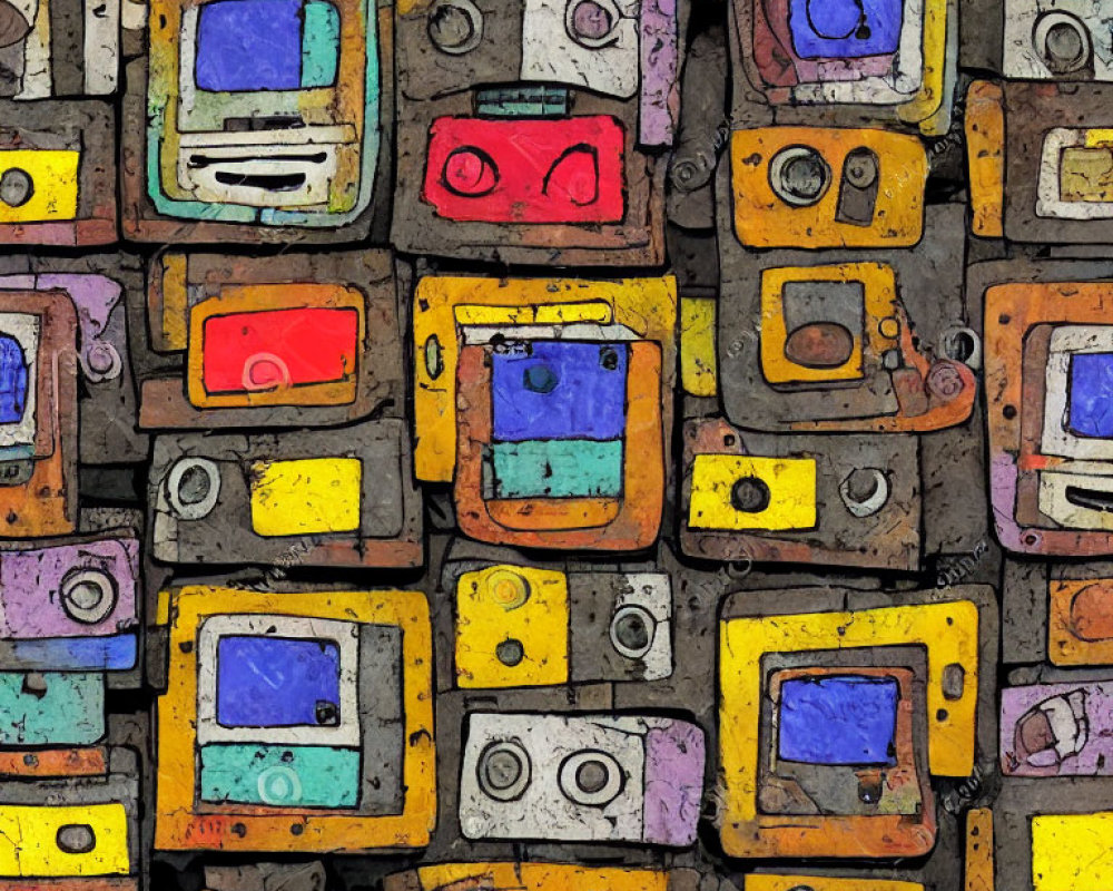 Vibrant abstract art of retro electronic devices in mosaic pattern