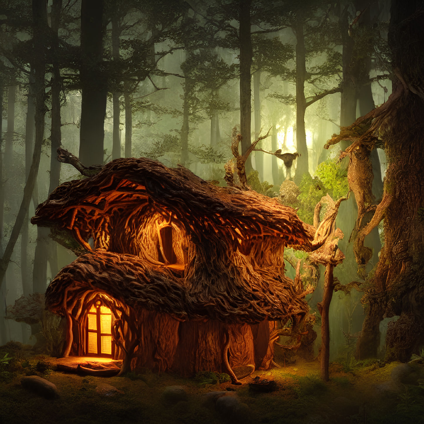 Enchanted forest scene with whimsical twisted wood house nestled among misty trees