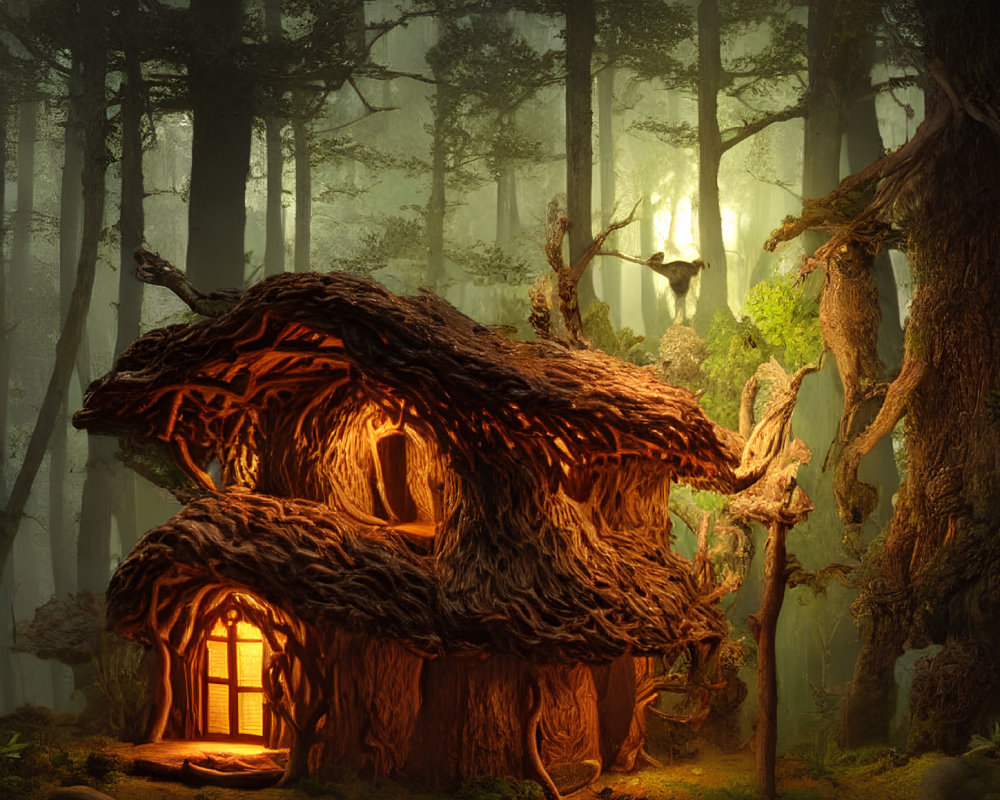 Enchanted forest scene with whimsical twisted wood house nestled among misty trees