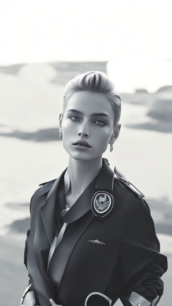 Sleek Hairstyle Woman in Elegant Coat with Badges on Monochrome Background