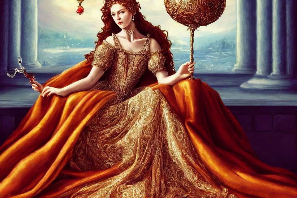 Regal woman in golden gown on throne with scepter in opulent setting